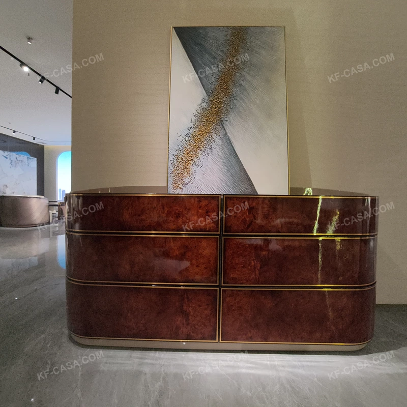 Curved Six-Drawer Sideboard with Natural Burl Veneer High-Gloss Panels and Gold Inlaid Stainless Steel Trim